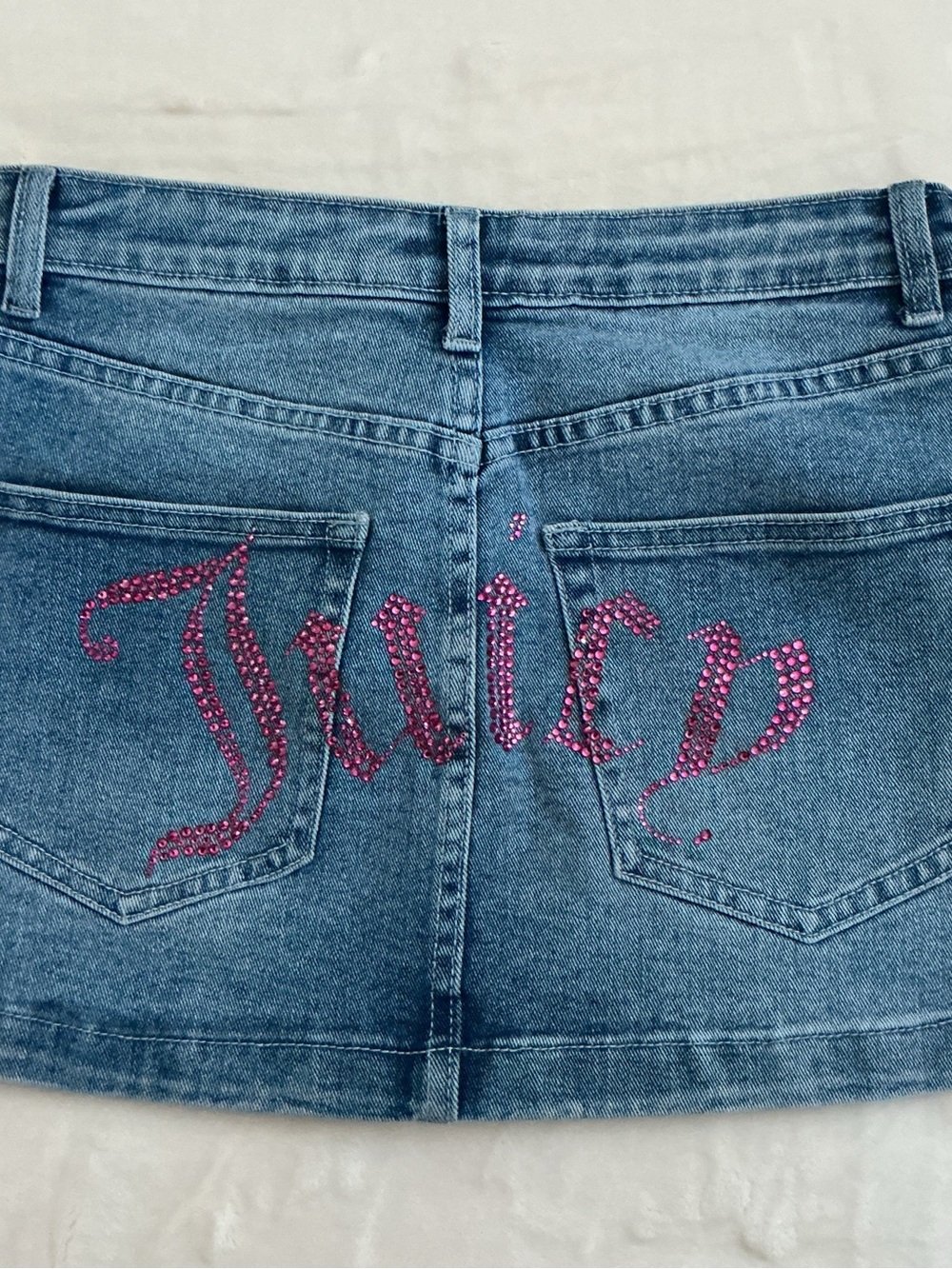 Juicy Couture Y2K Rhinestone Logo Denim Mini Skirt Size 27 NWT